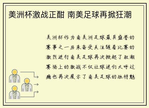 美洲杯激战正酣 南美足球再掀狂潮