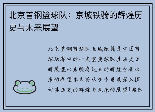 北京首钢篮球队：京城铁骑的辉煌历史与未来展望