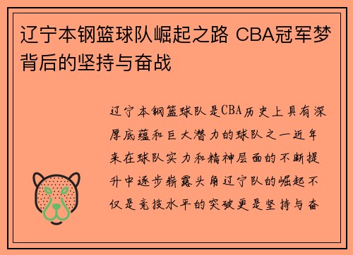 辽宁本钢篮球队崛起之路 CBA冠军梦背后的坚持与奋战