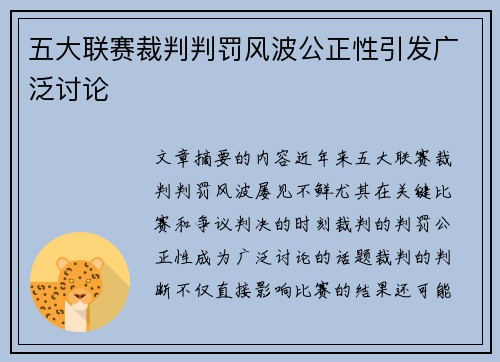 五大联赛裁判判罚风波公正性引发广泛讨论