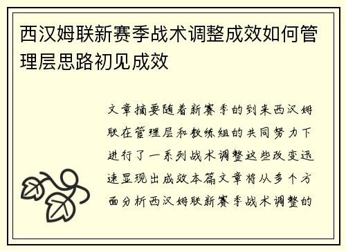 西汉姆联新赛季战术调整成效如何管理层思路初见成效