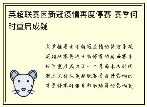 英超联赛因新冠疫情再度停赛 赛季何时重启成疑