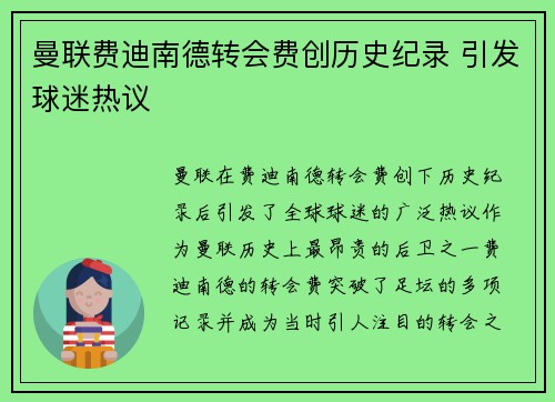 曼联费迪南德转会费创历史纪录 引发球迷热议
